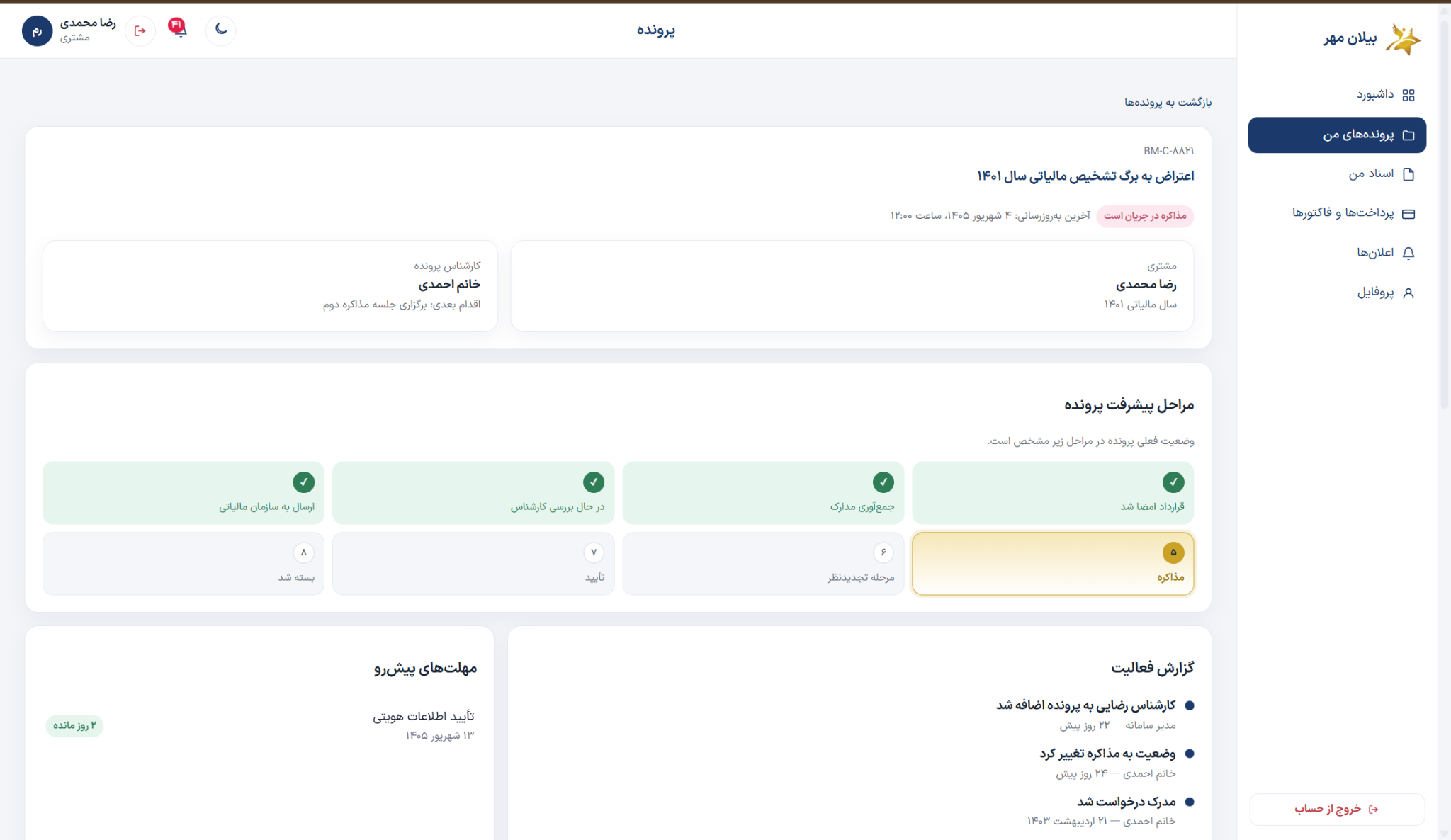 نمونه داشبورد پرونده بیلان تکس
